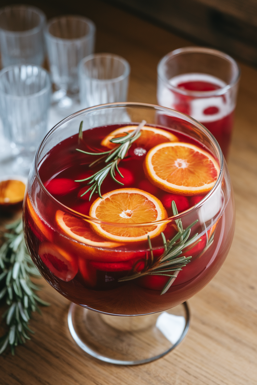 Photo indoors of a glass punch bowl filled with ruby red cranberry-orange punch, floating citrus slices and rosemary sprigs, with small glasses alongside. No text or logos present.