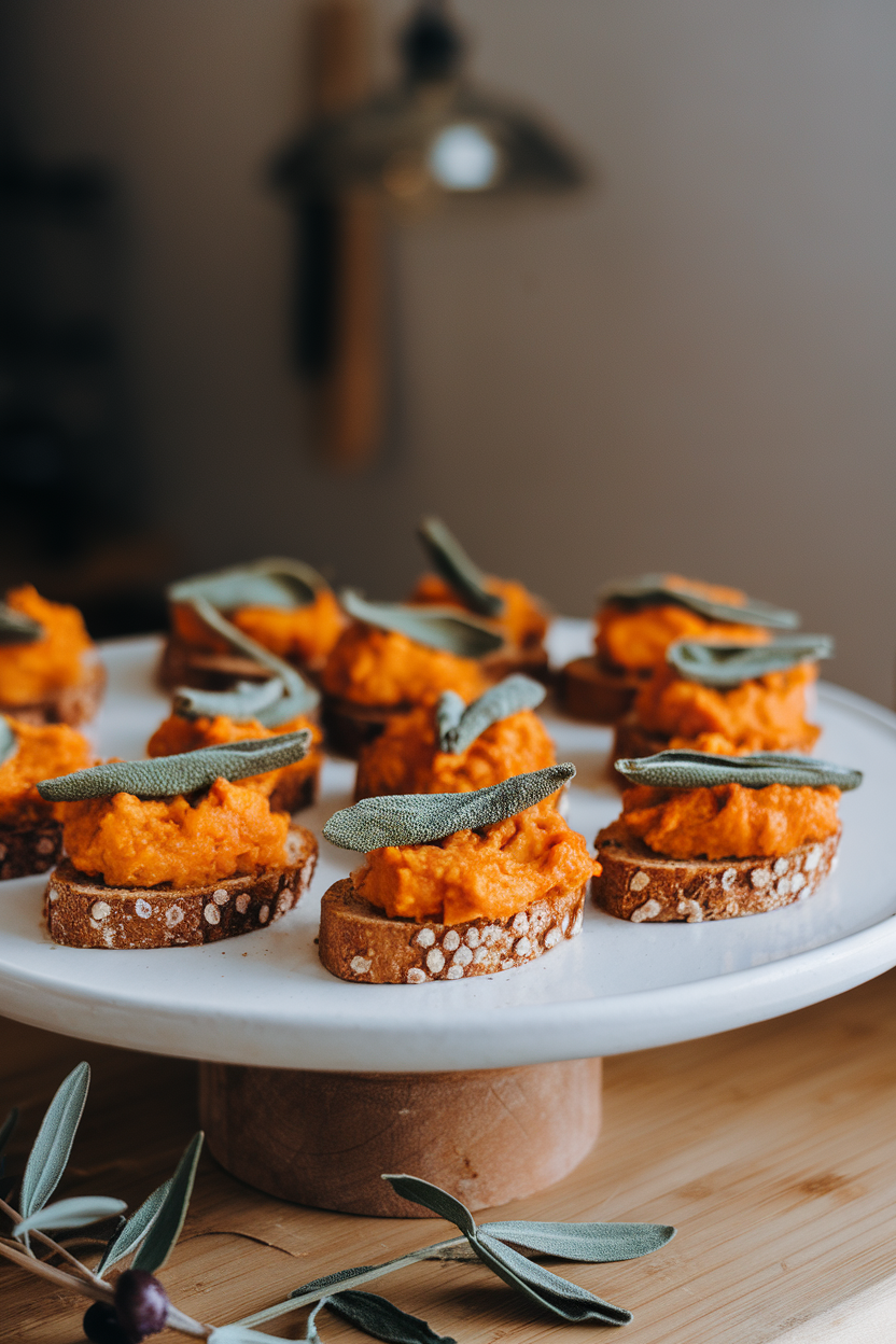 A white platter indoors with bite-sized whole-grain crostini topped with mashed roasted sweet potato and a crisp sage leaf on each. Soft overhead lighting, no text or logos.