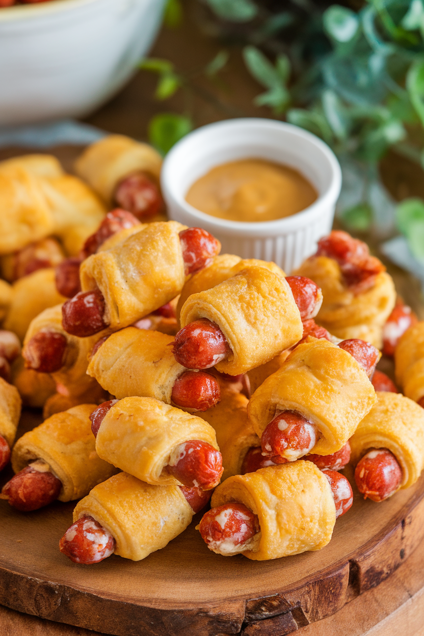Photo of an indoor wooden board piled with golden crescent-wrapped mini sausages and a small bowl of Dijon dipping sauce. No text or logos in scene.