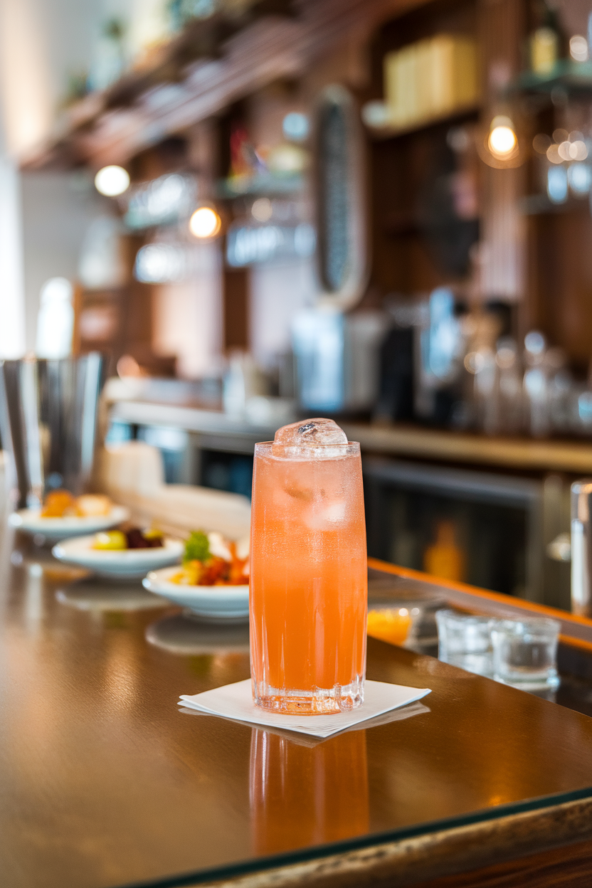 An indoor Italian-style aperitivo bar with a tumbler of bright orange Sbagliato made with Champagne, large ice cube inside. Photo, not illustration. No text or logos.
