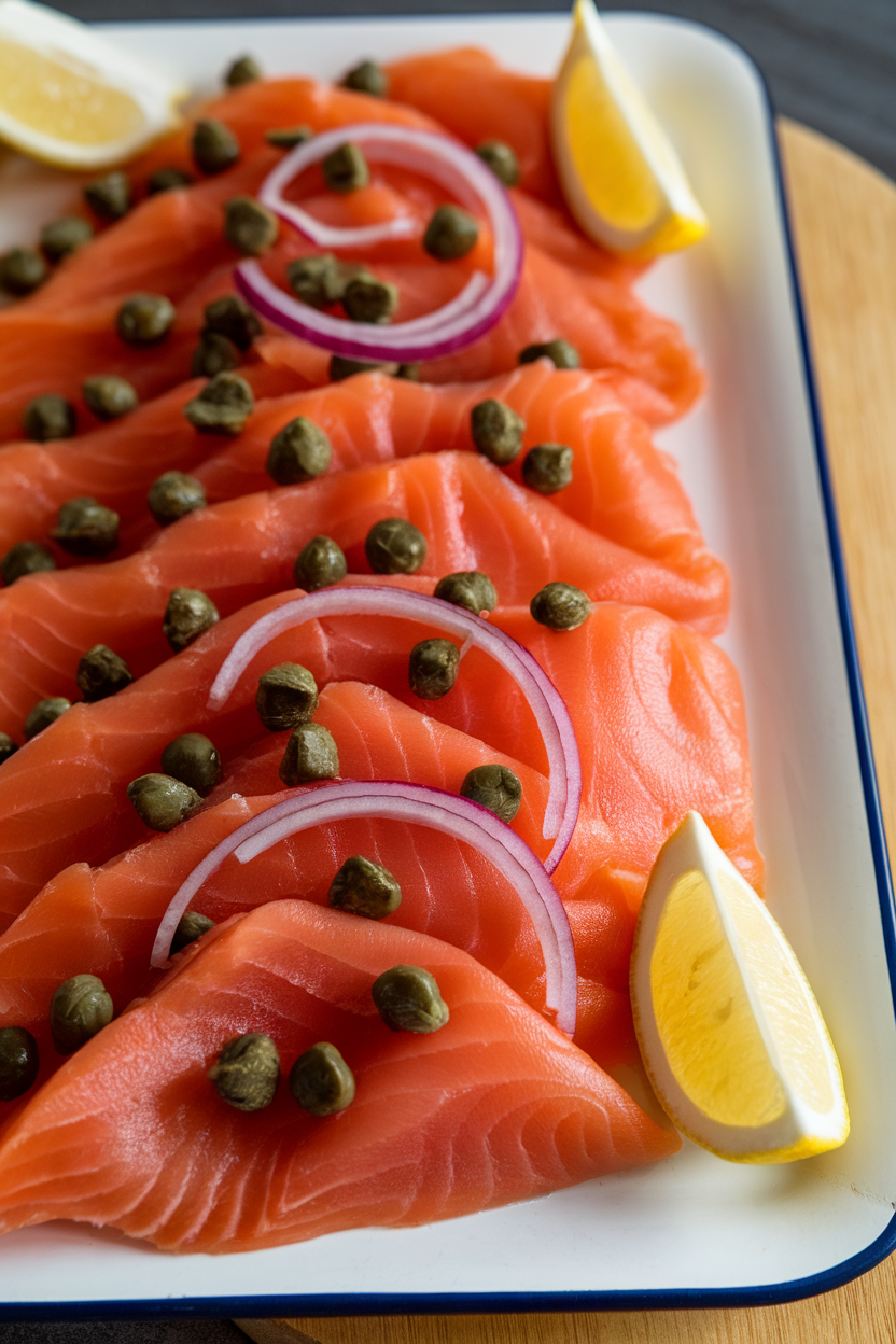 Indoor photo of sliced smoked salmon arranged with capers, red onion, and lemon wedges on a tray; no text or logos