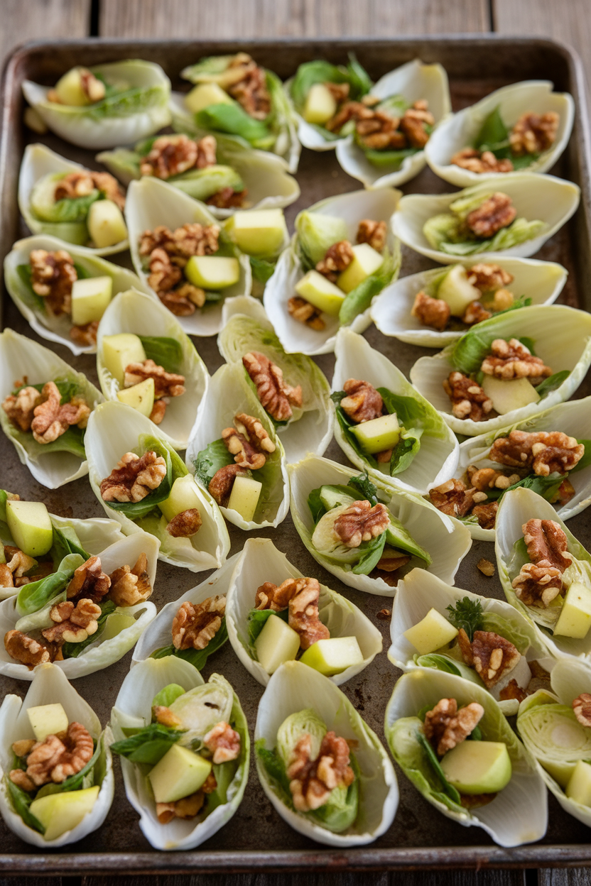 Indoor photo of small endive leaves filled with shaved Brussels sprouts, diced apple, and walnut crumbles, lightly dressed, arranged on a rustic tray. No text or logos.