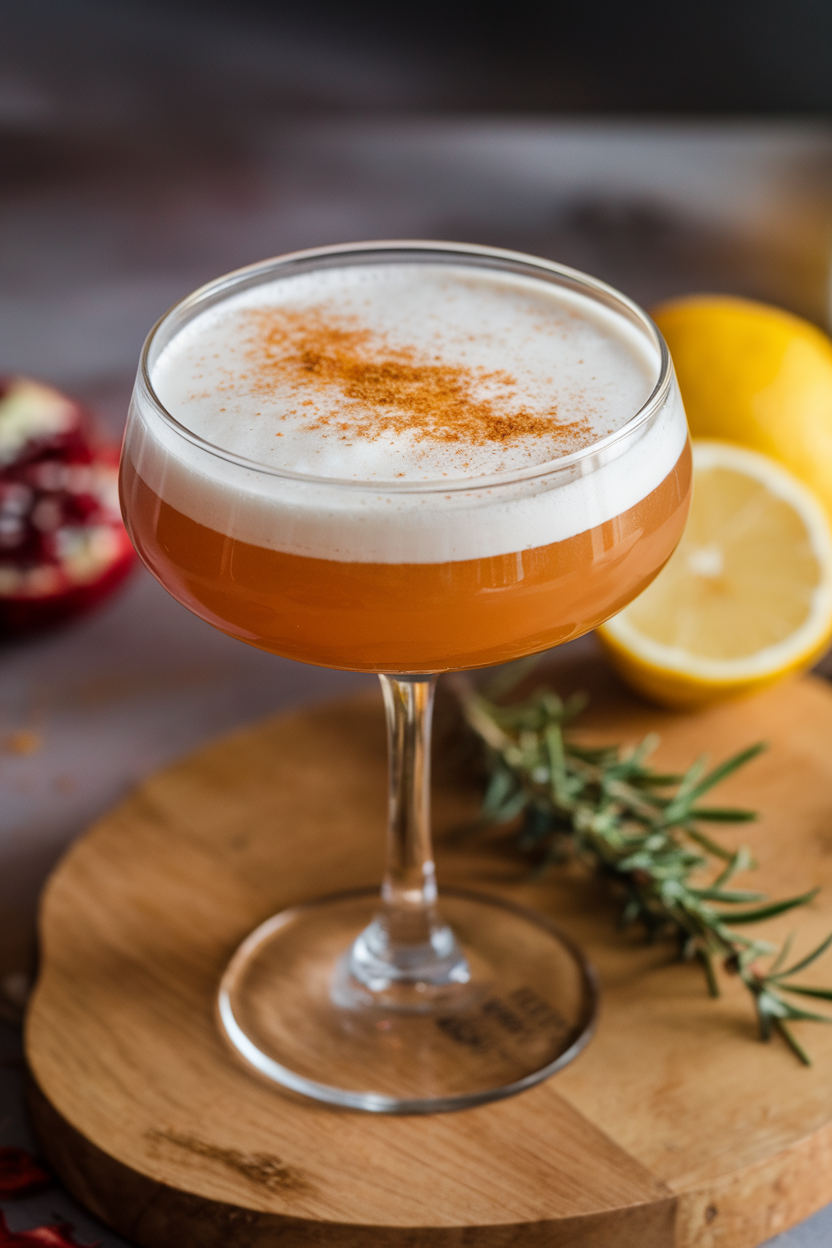 Indoor photo of coupe glass containing amber maple sour mocktail, frothy egg-white top dusted with cinnamon; no text or logos.