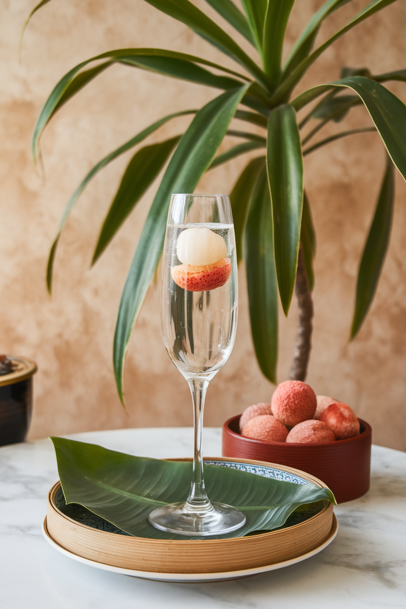 An indoor dim-sum parlor scene featuring a flute of nearly clear Champagne with a peeled lychee fruit settled at bottom. Photo, not illustration. No text or logos.