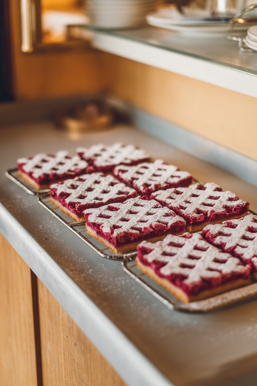 An indoor bakery-style counter with square raspberry linzer bars, lattice tops lightly dusted with powdered sugar. Soft, warm light, no text or logos.</Prompt