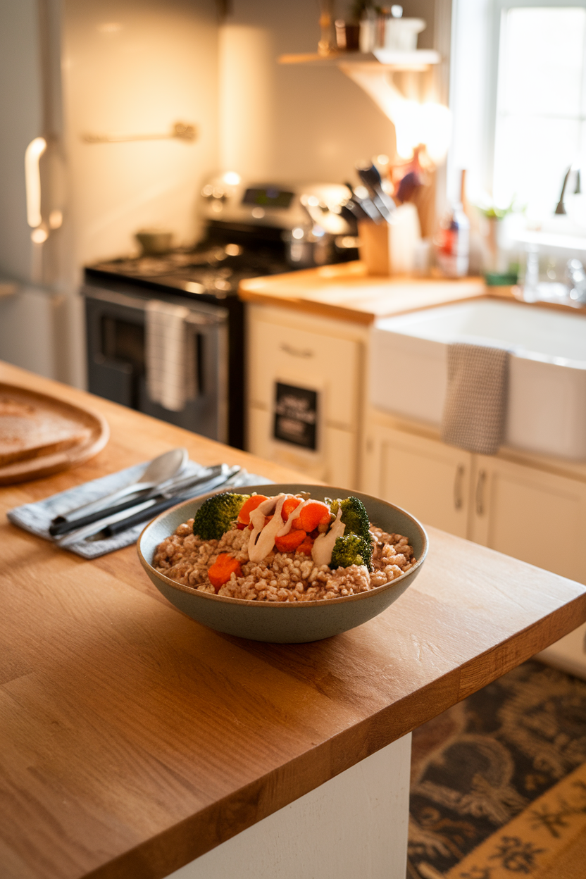 A warmly lit indoor kitchen island displaying a bowl of cooked farro topped with roasted carrots, broccoli, and a drizzle of creamy tahini sauce. No text or logos.