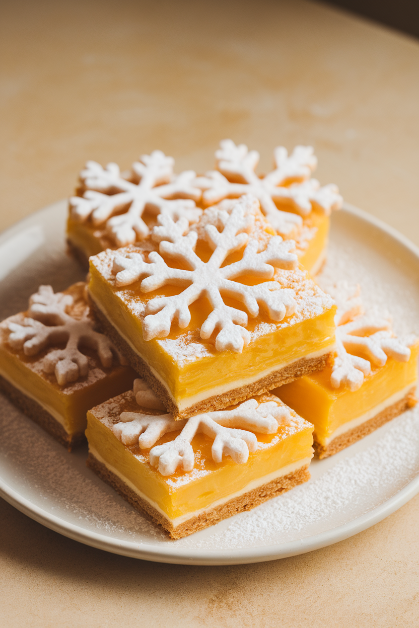 Powdered sugar-topped lemon bars cut into snowflake shapes, indoor plate, no text or logos.</Prompt