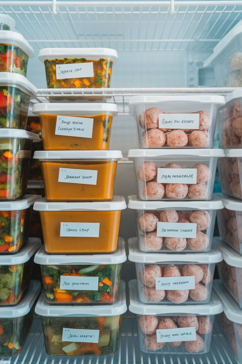 Indoor photo of labeled freezer containers of vegetable soup and turkey meatballs stacked neatly, no text or logos