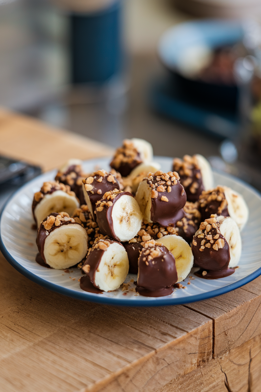 Indoor plate with small frozen banana chunks half-coated in dark chocolate and sprinkled with crushed nuts, close-up view. No text or logos.