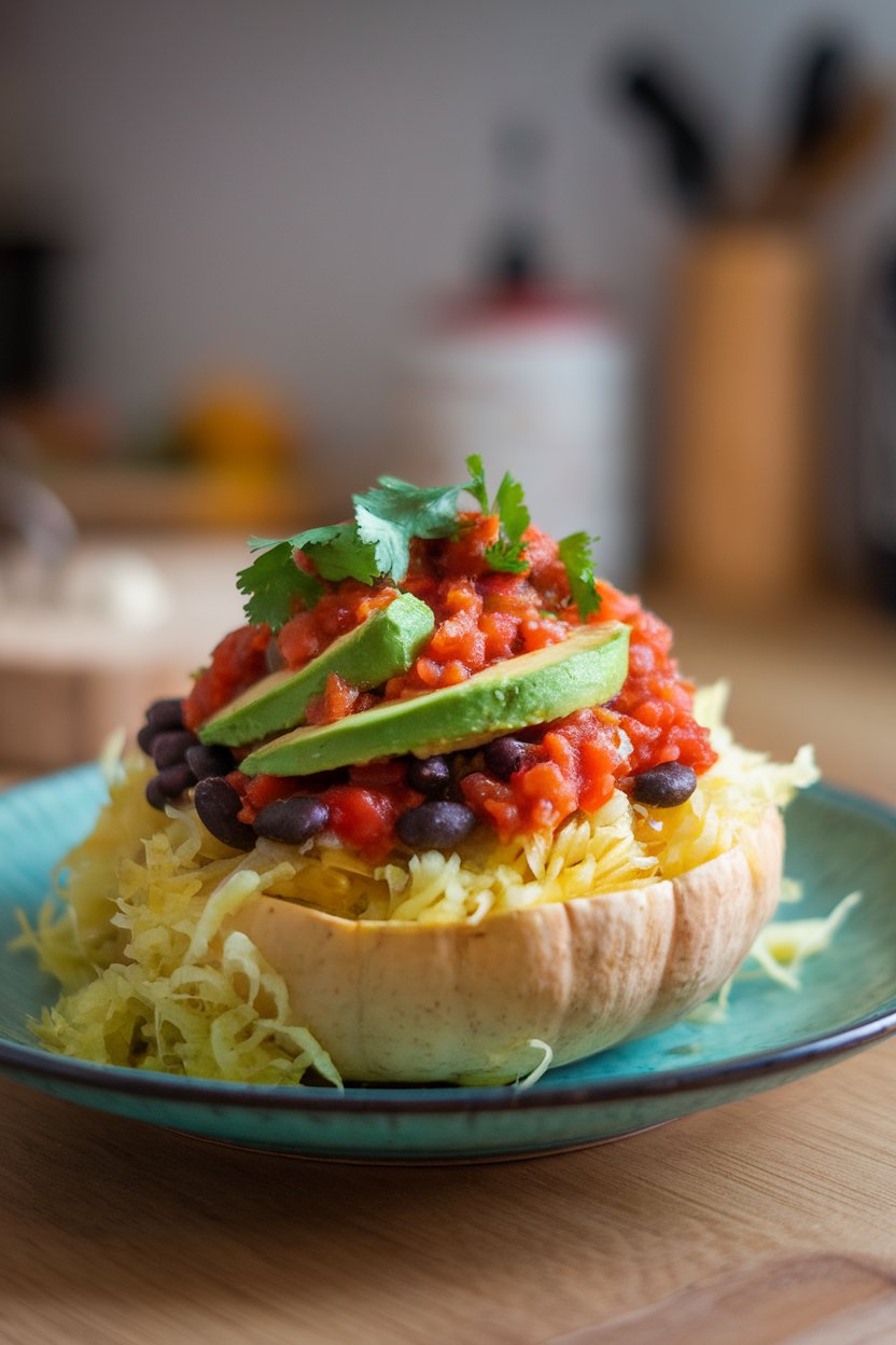 An indoor plate with spaghetti squash strands topped by black beans, salsa, avocado slices, and cilantro. No text or logos; photo only.