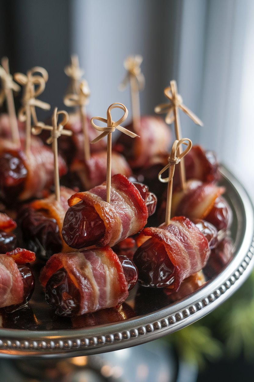 Photo of an indoor platter holding glossy bacon-wrapped dates secured with toothpicks, caramelized edges glistening under soft lighting. No text or logos present.