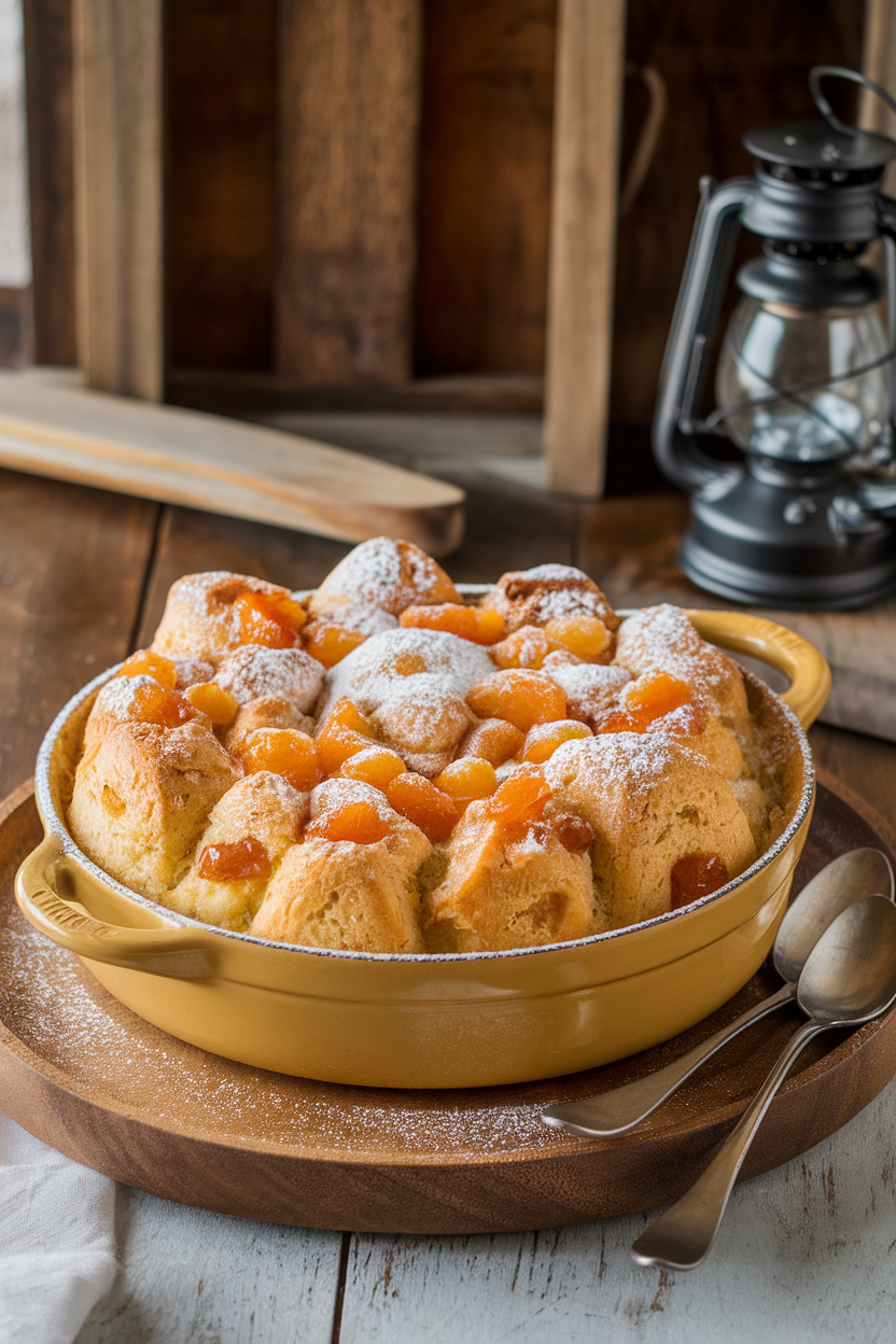 Indoor casserole dish of golden bread pudding studded with candied fruit, powdered sugar dust on top. No text or logos. Photo only.