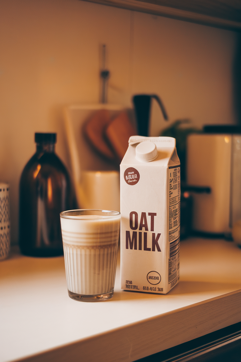 Photo, indoor kitchen counter showing a plain cardboard carton of oat milk next to a latte glass, no text or logos.