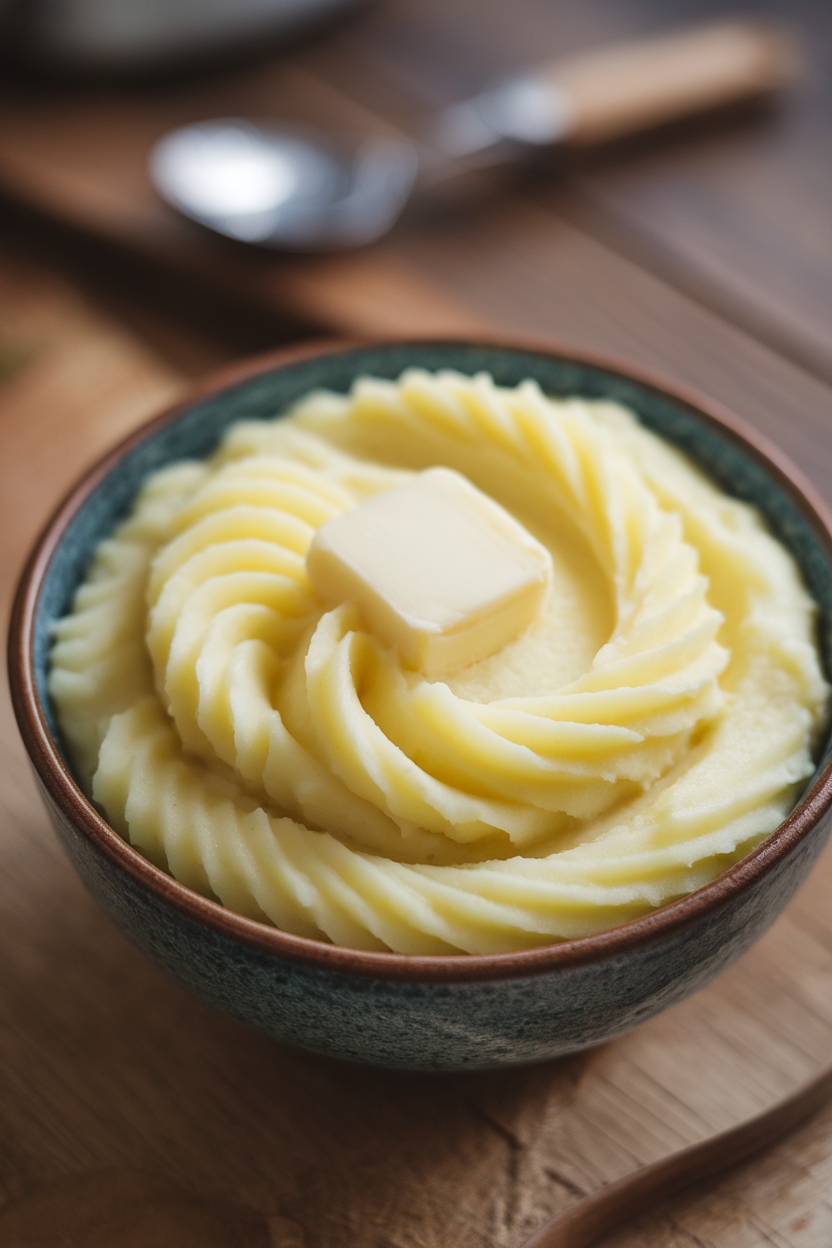 Indoor photo of creamy mashed potatoes swirled in a bowl, a pat of melting butter on top; no text or logos
