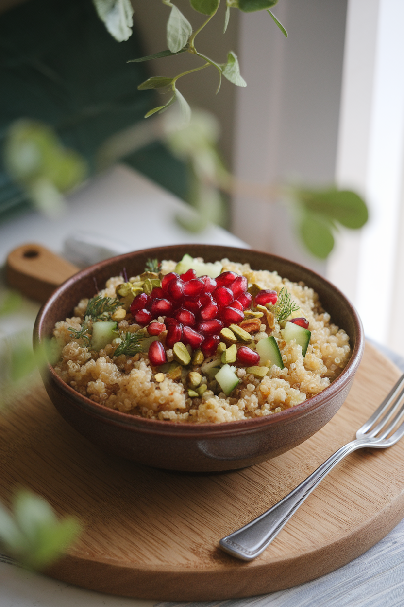 Photo of an indoor tabletop scene with a wide ceramic bowl of fluffy quinoa topped with pomegranate seeds, chopped pistachios, cucumber, and herbs. Soft window light, no text or logos.