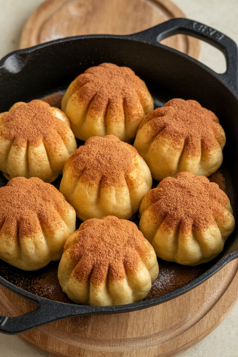 Indoor photo of round puffed pancakes dusted with cinnamon sugar, served in a cast iron æbleskiver pan; no text or logos.
