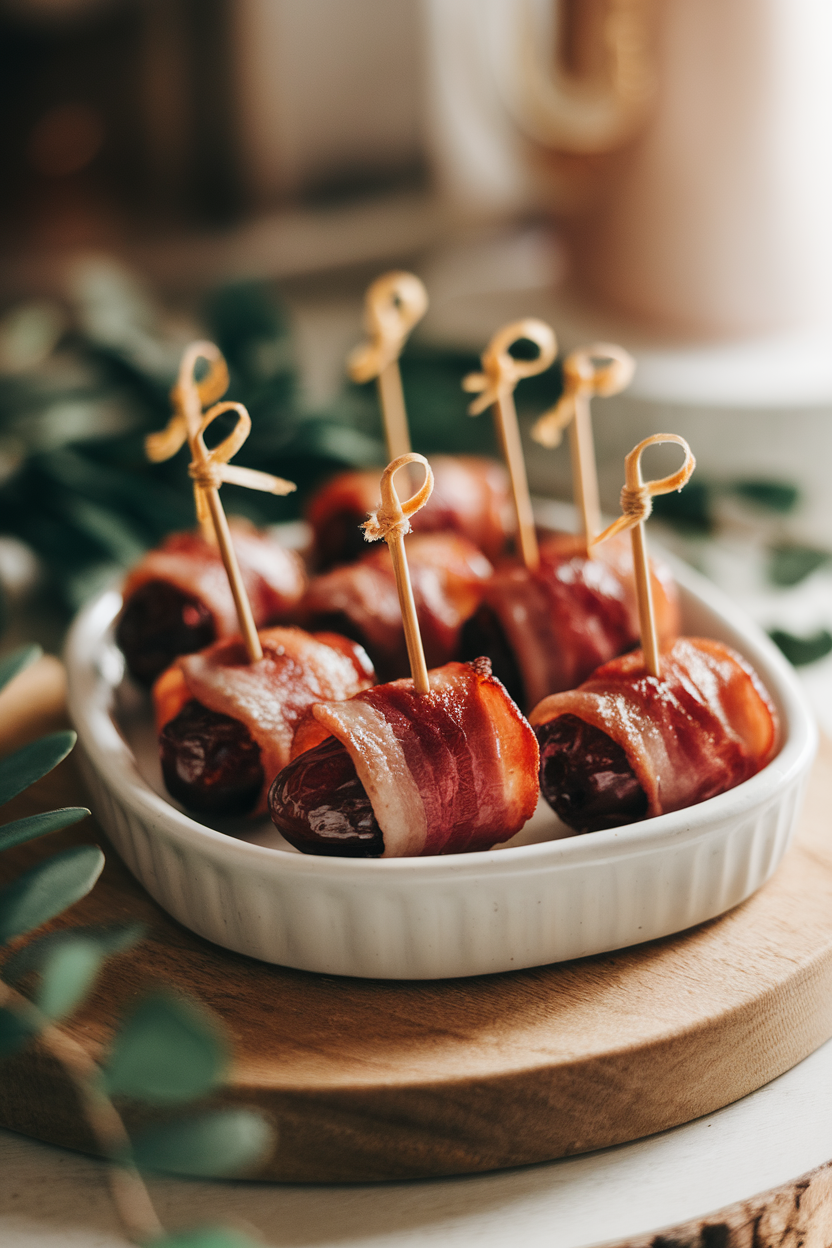 Photo of a white ceramic tray indoors featuring bacon-wrapped dates glistening with a light honey glaze, toothpicks for easy grabbing; soft warm lighting, no text or logos