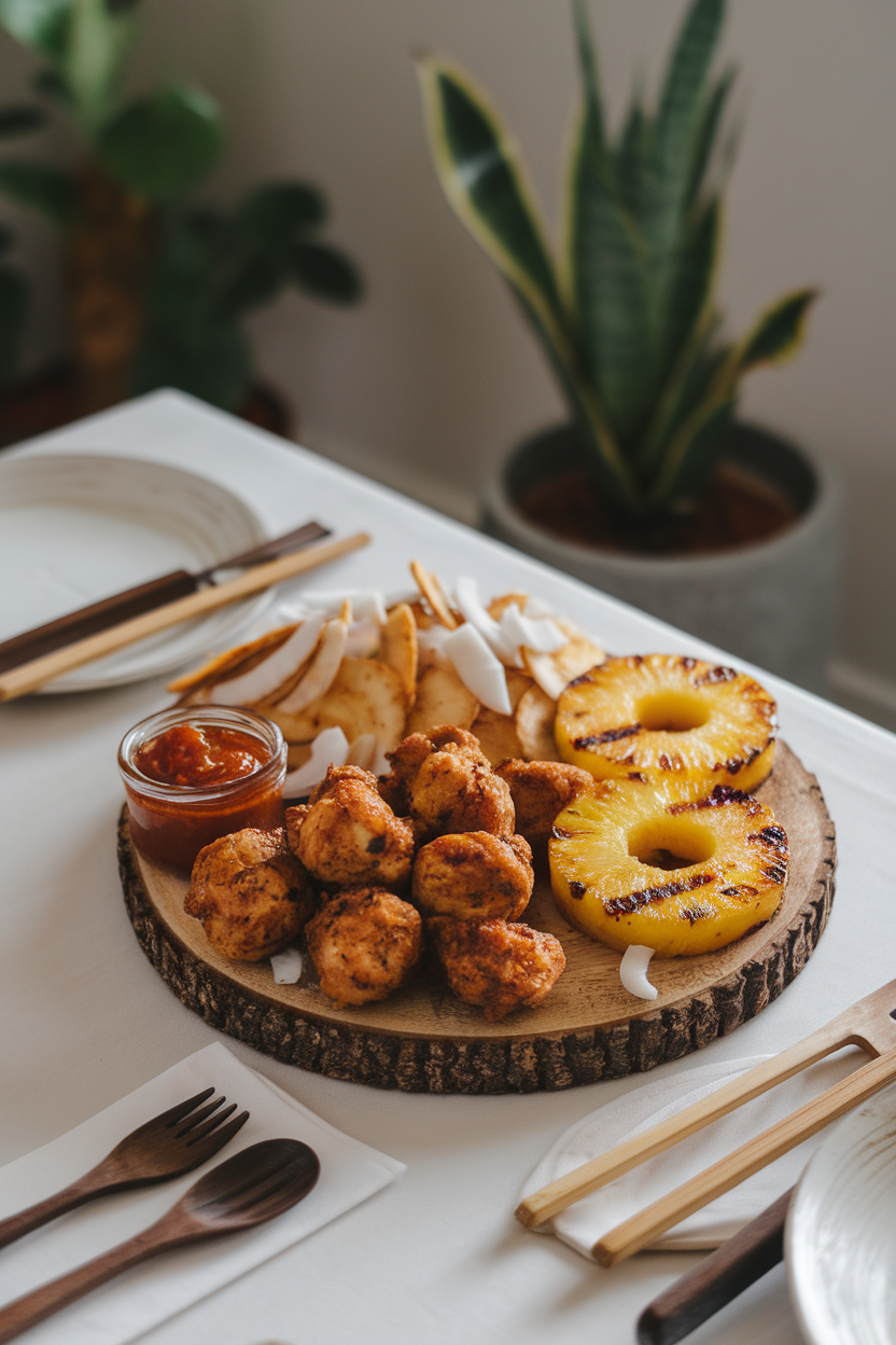 Indoor table with a tropical board of jerk chicken bites, grilled pineapple rings, coconut chips, and pepper jelly; no logos or text present.