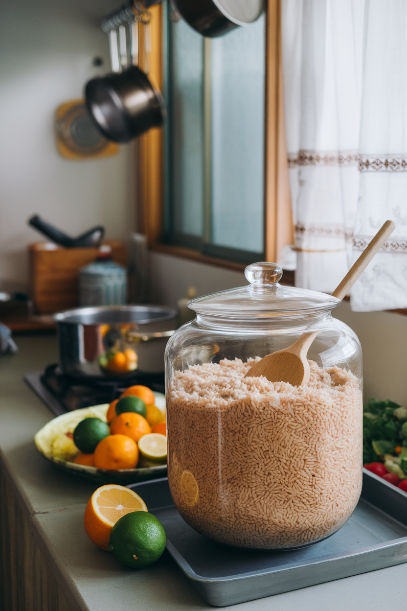 An indoor kitchen counter with a large glass container filled with fluffy cooked brown rice and a wooden spoon resting inside, no logos.