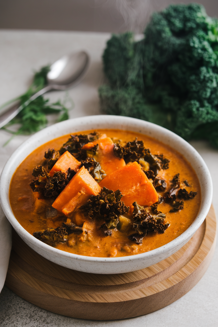 Indoor photo of thick curry with orange sweet potatoes and dark green kale in a white bowl, steam visible, no text or logos.