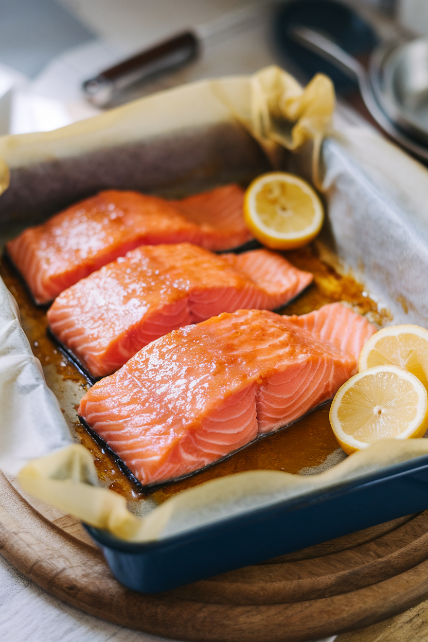 A parchment-lined baking dish indoors with pink salmon fillets coated in a shiny maple glaze, lemon slices on the side. Cooked fish only. Photo, no text or logos.