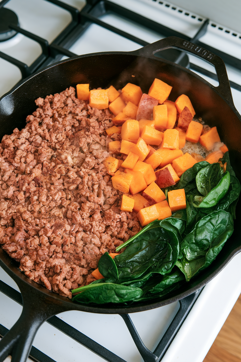 An indoor stovetop scene showing a cast-iron skillet filled with browned ground turkey, diced orange sweet potatoes, and wilted spinach, all glistening lightly with olive oil. No text or logos visible. Photo only.