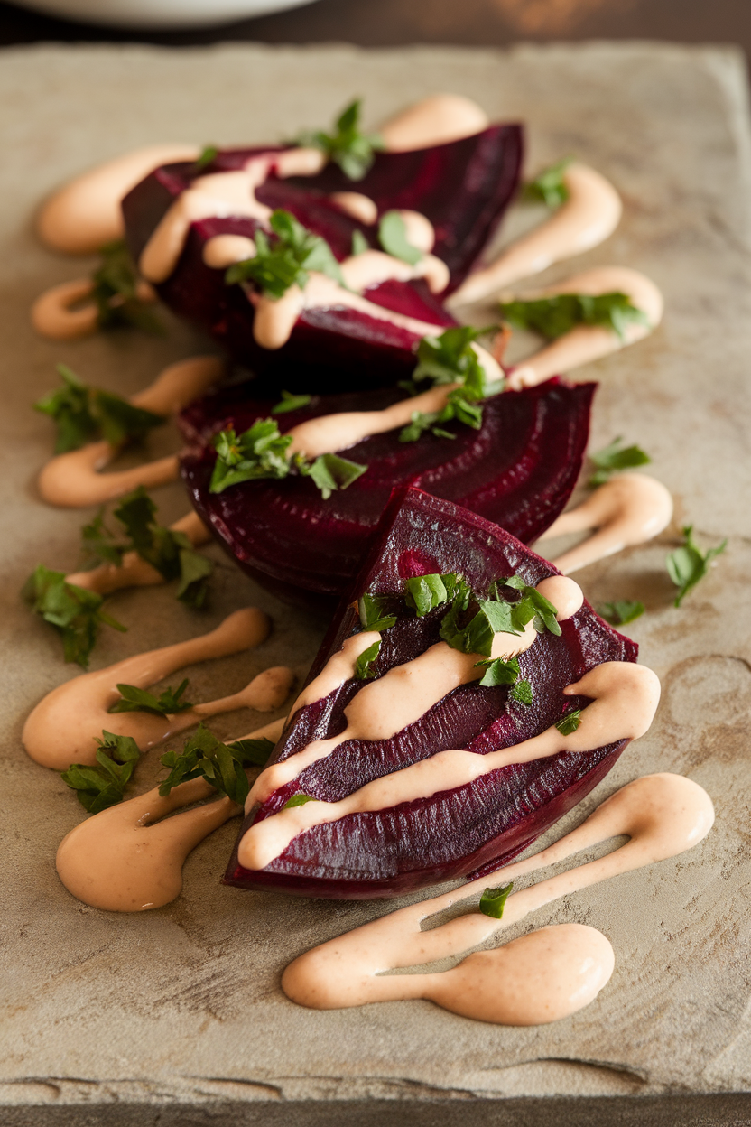 Indoor stone slab holding roasted beet wedges with pale tahini drizzle and chopped parsley. No branding.