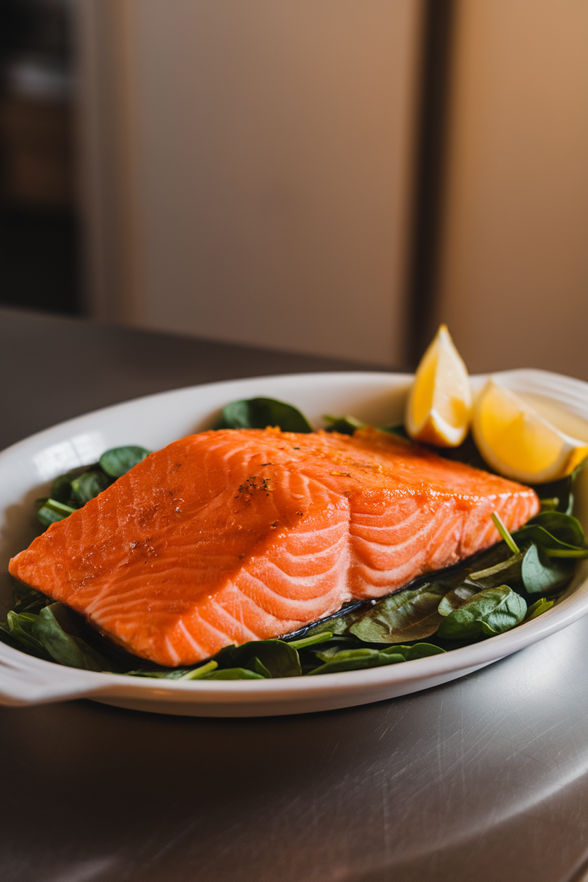 Indoor kitchen setting with cooked salmon fillets glazed in orange-ginger sauce on a white serving dish, lemon wedges nearby. No logos or text.