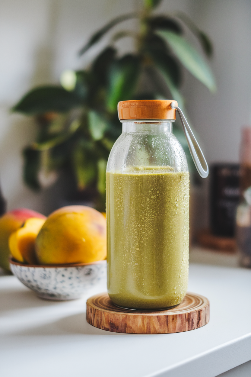 An indoor countertop with a reusable glass bottle of matcha mango smoothie, condensation visible. Photo, no text or logos.