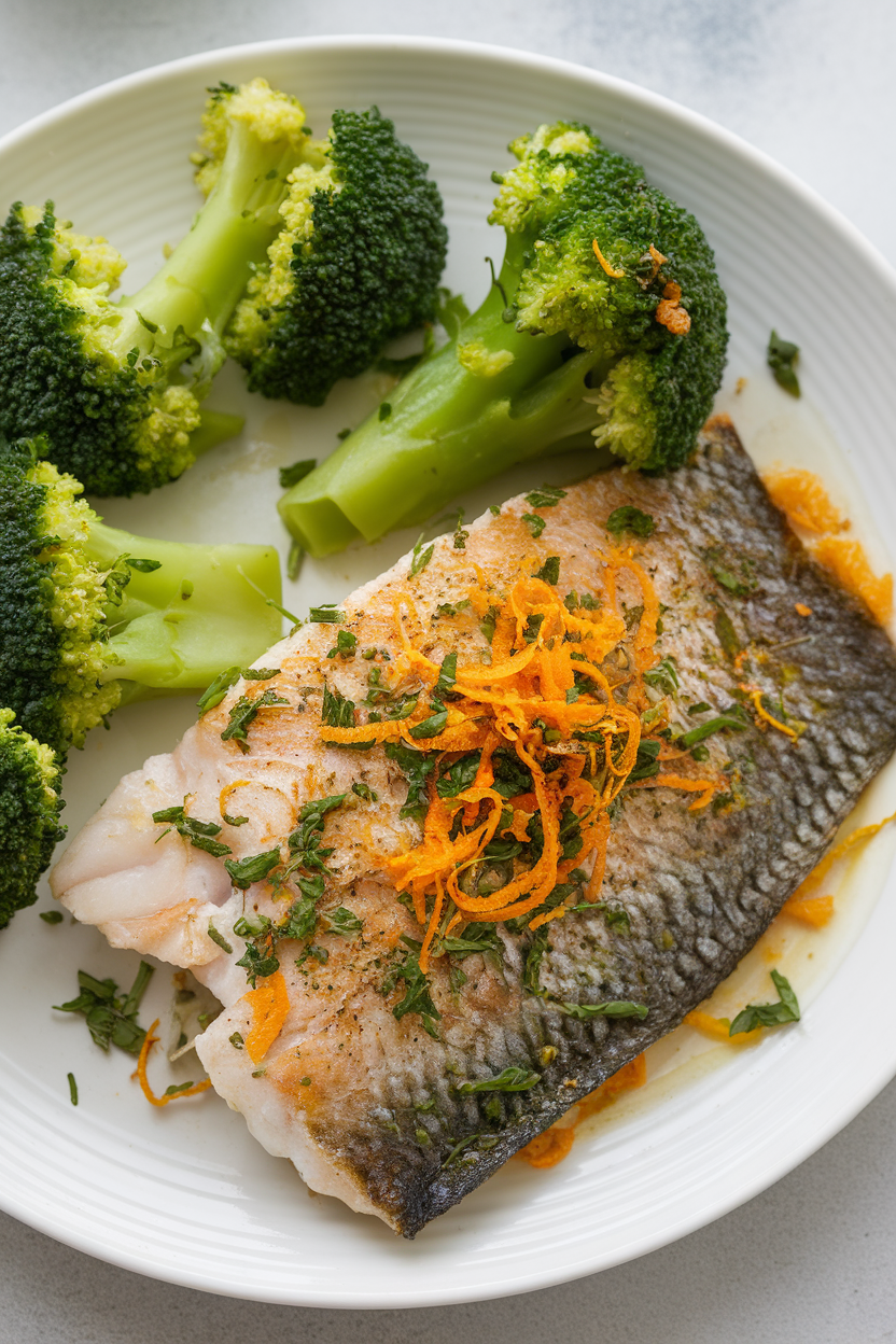Indoor plate featuring broiled tilapia fillet topped with orange zest and chopped herbs, alongside steamed broccoli; no text or logos, cooked fish only, photo style.