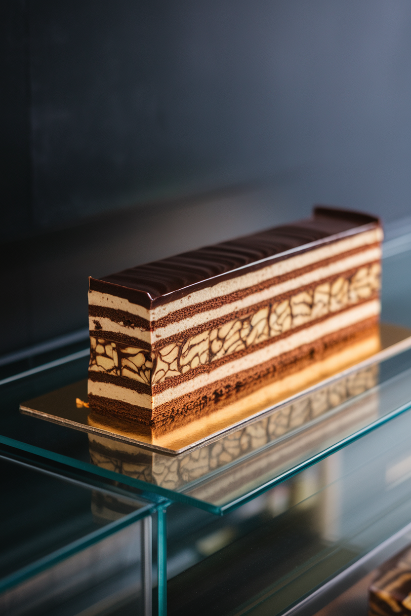 A sleek indoor pastry display of a thin rectangular slice with distinct coffee sponge, gianduja ganache, and glossy chocolate glaze layers. No text or logos. Photo, not illustration.
