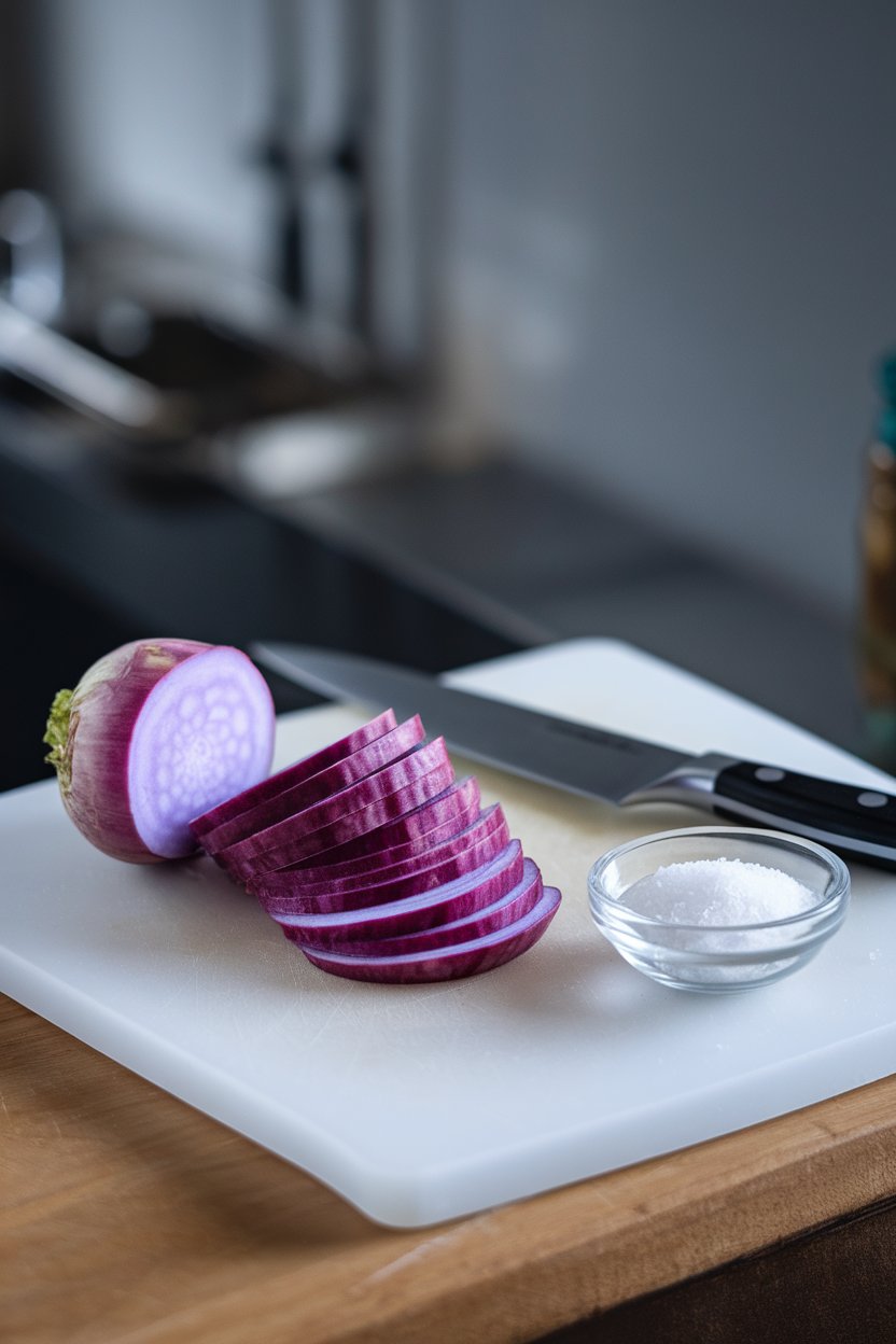 Photo of a cutting board indoors with a sliced purple kohlrabi, a chef’s knife, and a small dish of sea salt. Even, neutral lighting, no text or logos.