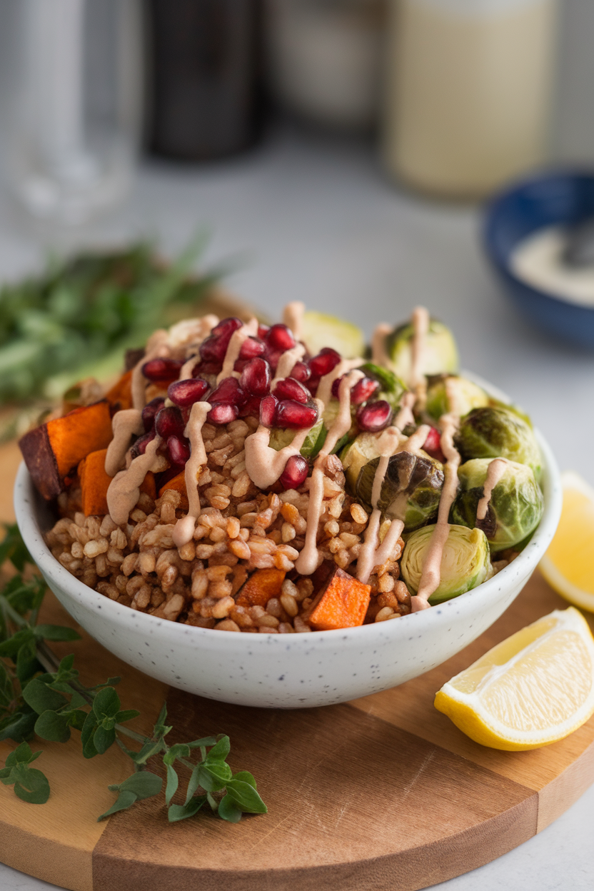 An indoor bowl filled with farro, roasted sweet potatoes, Brussels sprouts, pomegranate seeds, and a drizzle of tahini dressing. This should be a photo, not an illustration. No text or logos anywhere in the scene.