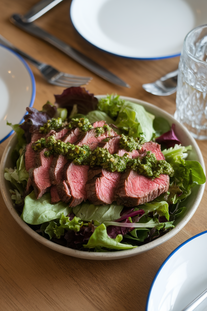Indoor dining table with a shallow bowl of mixed greens topped with sliced flank steak and a drizzle of green chimichurri sauce. No text or logos; photo only.