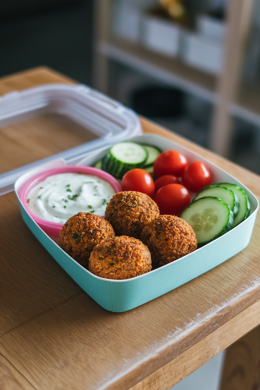 A meal-prep box indoors containing four small baked falafel balls, side of tzatziki, cucumber slices, and cherry tomatoes. No text or logos.