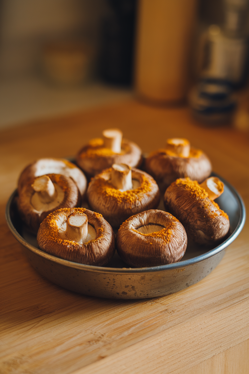 Photo of roasted mushroom caps dusted with nutritional yeast on a small baking dish in warm indoor light. No text or logos.