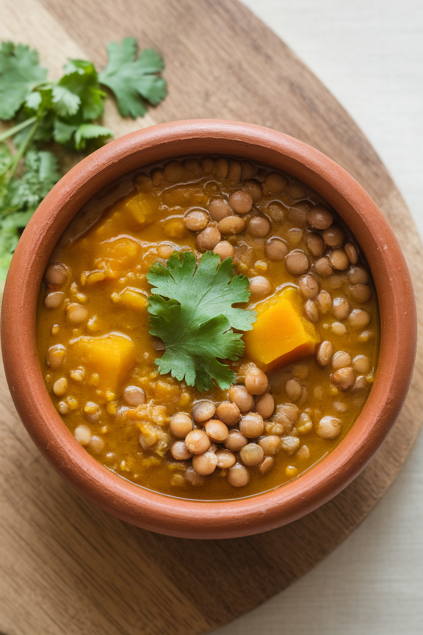 Indoor photo of an orange-hued Moroccan soup with lentils and pumpkin cubes in a clay bowl, cilantro garnish on top; overhead light, no text or logos