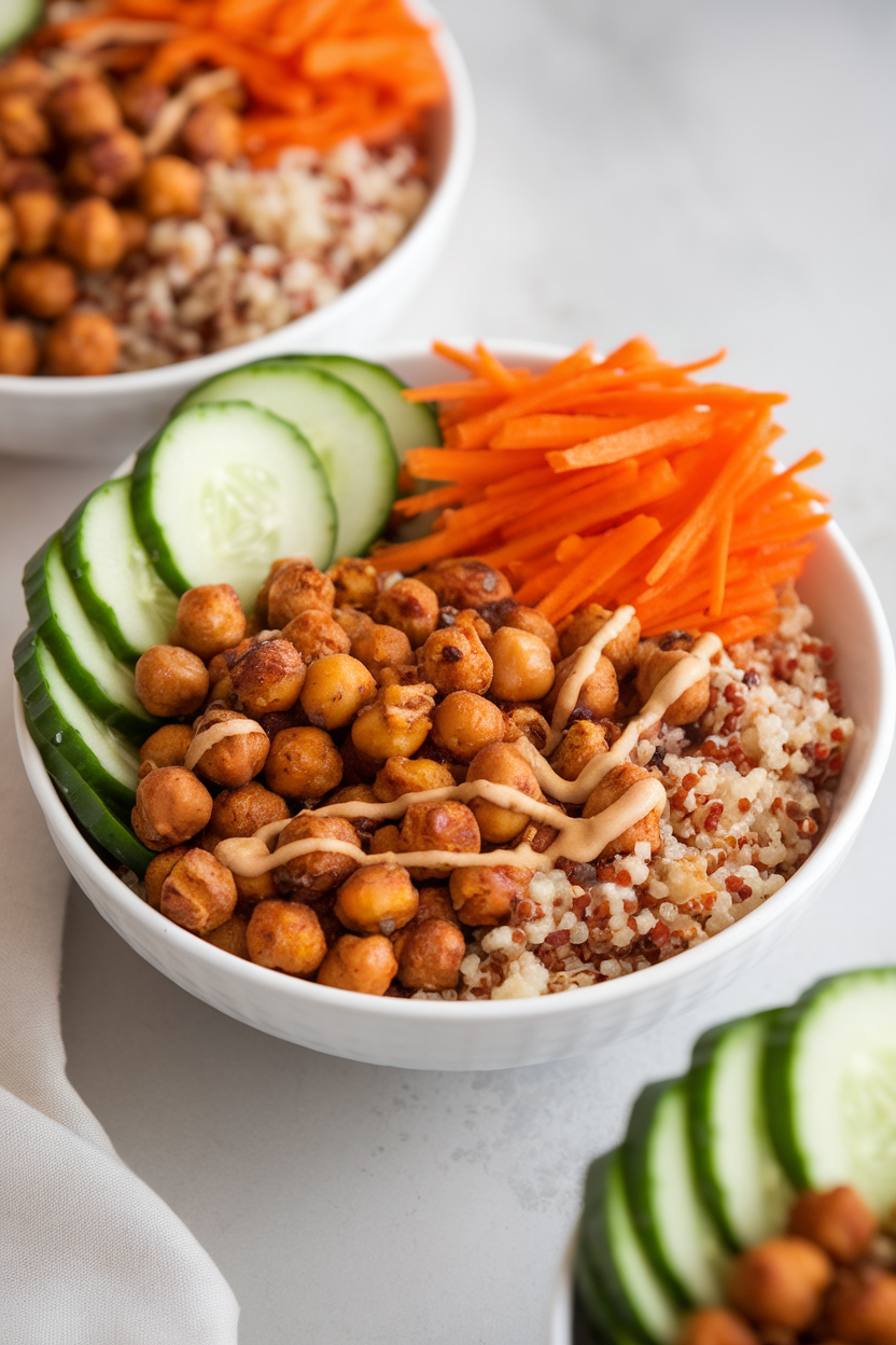A brightly lit indoor tabletop shot of a meal prep bowl filled with roasted spiced chickpeas, red quinoa, diced cucumber, and shredded carrots, garnished with tahini drizzle. No text or logos present.