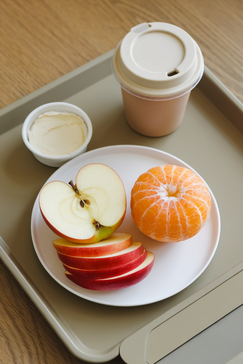 An indoor breakfast tray with a sliced apple and a peeled orange arranged neatly, no text or logos.
