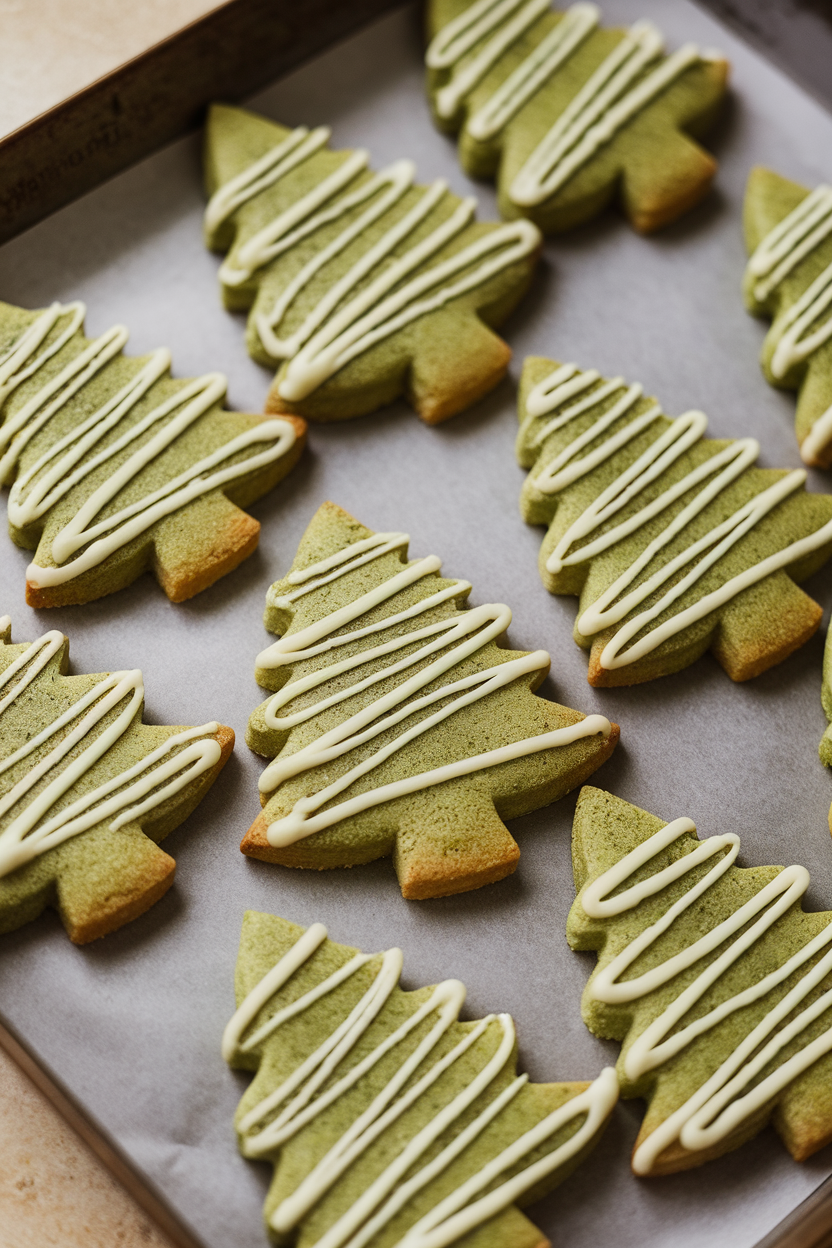 Tree-shaped matcha shortbread cookies drizzled with white chocolate on a tray indoors, vibrant green color. No text or logos.</Prompt