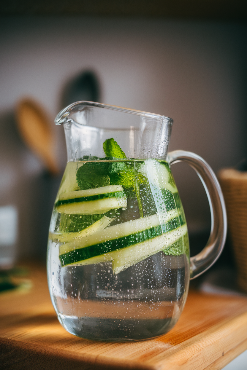 A glass pitcher indoors of water with floating cucumber ribbons and fresh mint leaves, condensation beads visible. Photo, no text or logos.