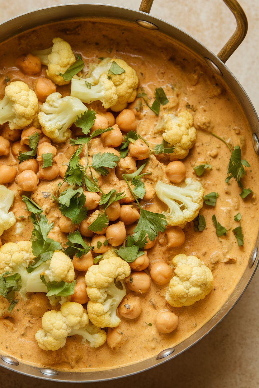 Indoor photo of creamy golden korma chili with cauliflower florets and chickpeas, coriander garnish; no text or logos.