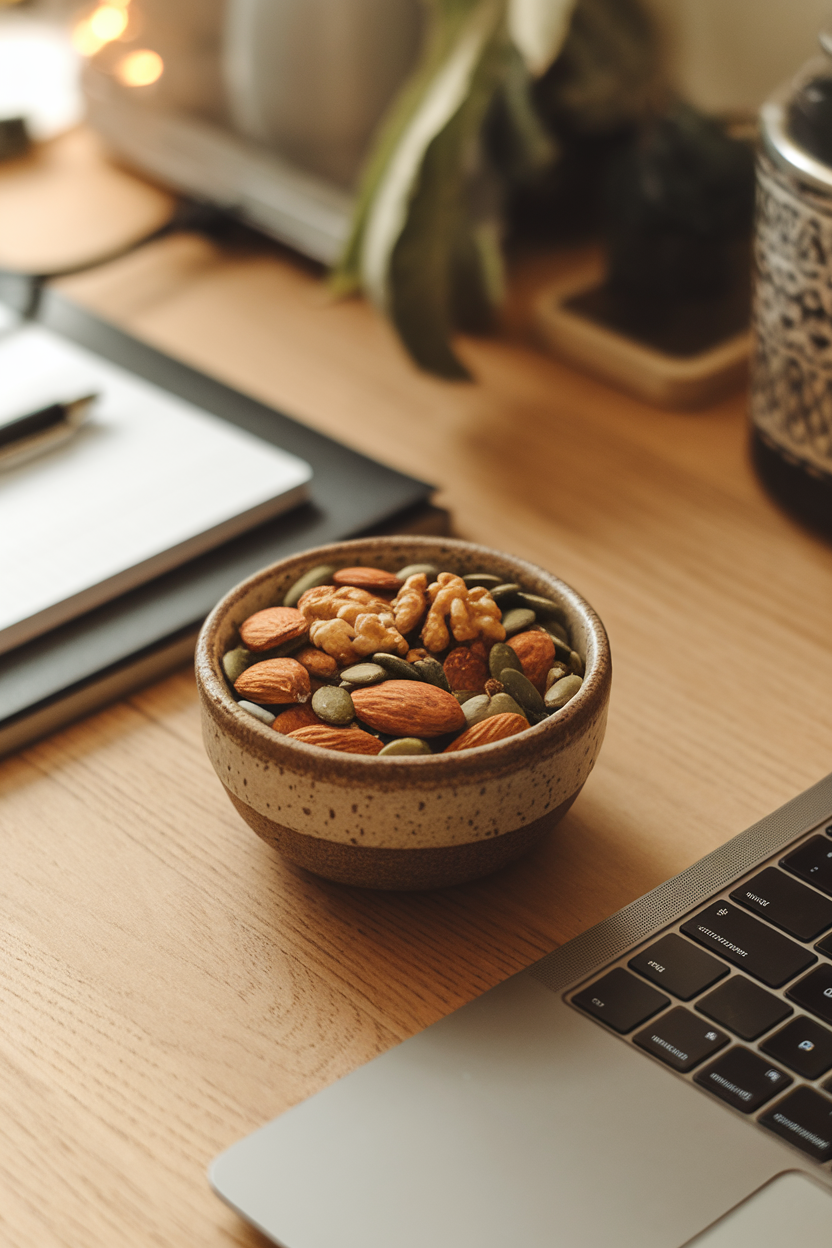 A small ceramic bowl of mixed almonds, walnuts, and pumpkin seeds on a desk beside a laptop, indoor lighting; no text or logos; photo