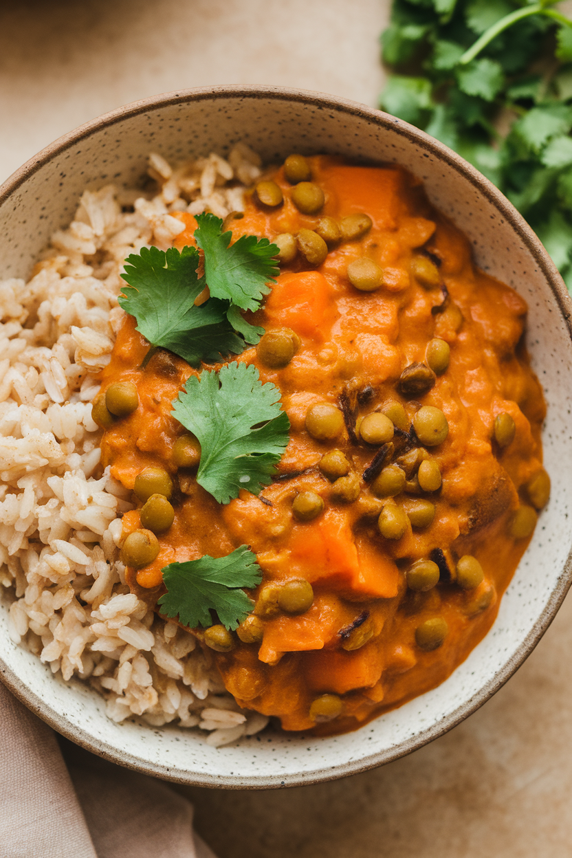 Indoor photo of a bowl of orange sweet potato and lentil curry garnished with cilantro. No text or logos.