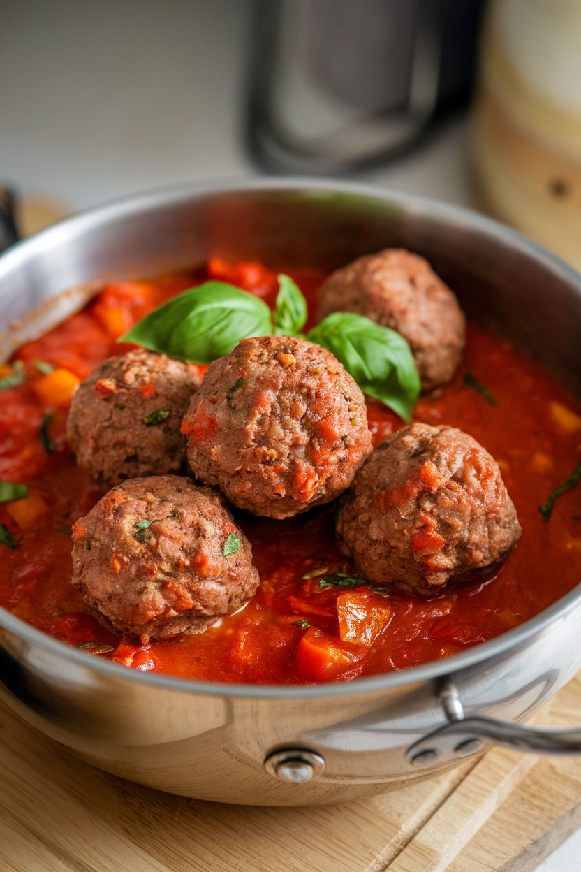Indoor bowl with turkey-size beef meatballs simmered in chunky tomato sauce, garnished with basil. No logos; photo.</p