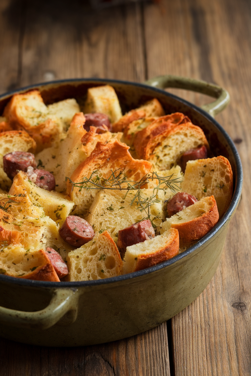 Indoor photo of a rustic casserole of golden bread cubes and sausage, herbs sprinkled on top; no text or logos