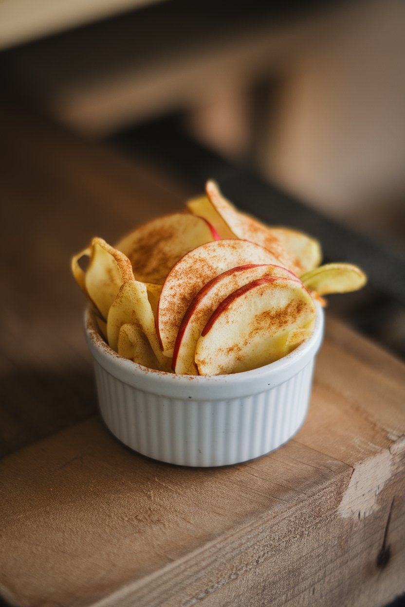 Indoor photo of a ramekin filled with thin spiral apple chips dusted with cinnamon, placed on a wooden surface. No branding or text.