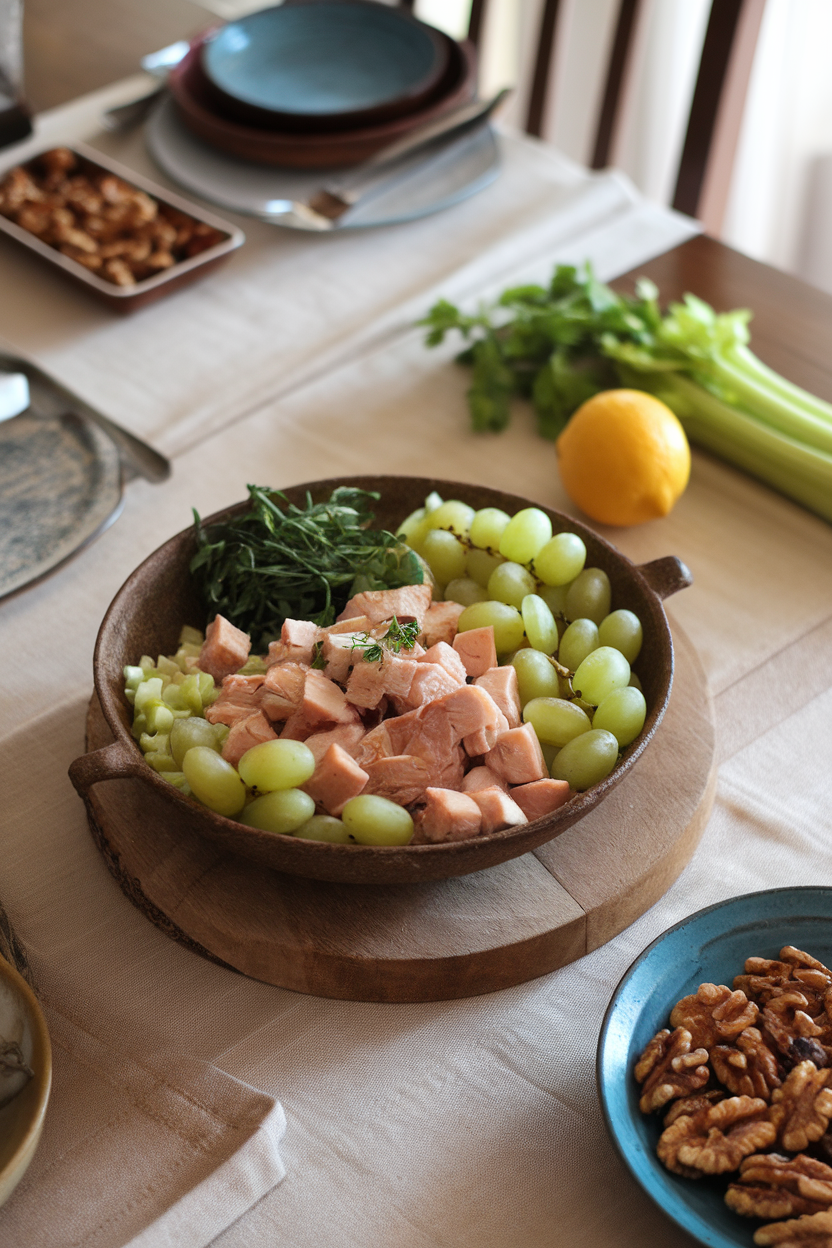 Indoor dining table with a rustic bowl of diced chicken, halved green grapes, chopped tarragon, and celery — no text or logos