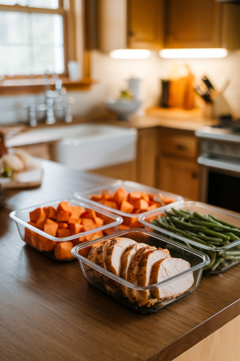 A cozy indoor kitchen island with meal-prep containers holding sliced roasted chicken breast, cubed sweet potatoes, and steamed green beans. No logos or text in sight.