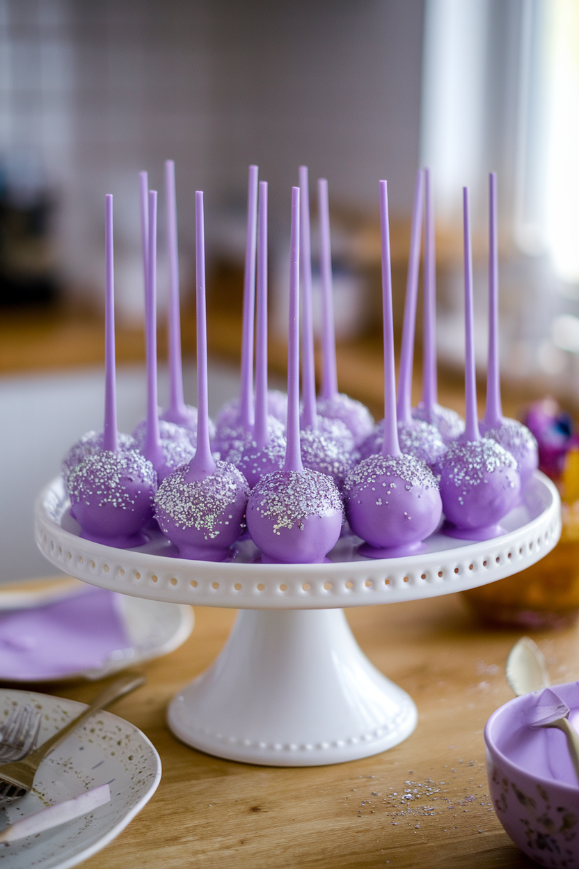 Photo, not illustration. Indoor brightly lit kitchen. Vivid purple ube cake pops coated in matching ube candy melts, sprinkled with silver glitter, on a white platter. No text or logos.